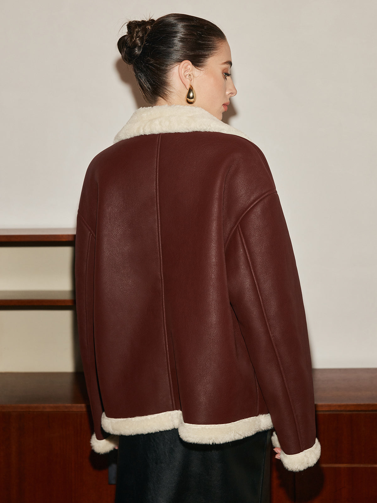 Fleece Lined Faux Leather Lapel Coat-Massicos
