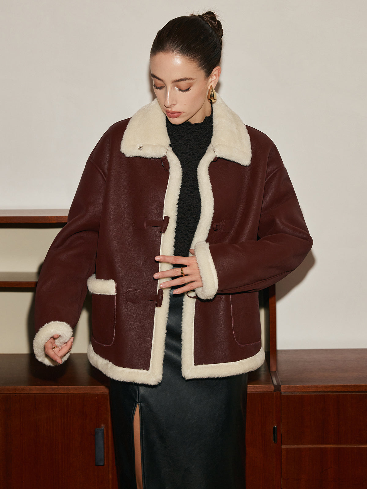 Fleece Lined Faux Leather Lapel Coat-Massicos