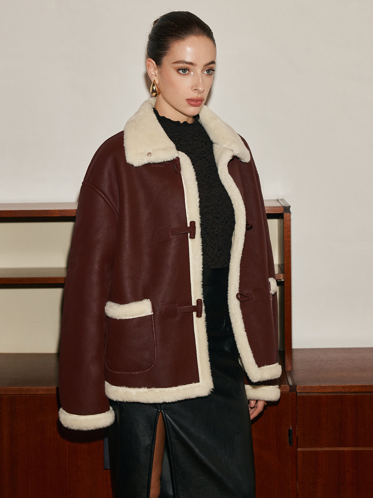 Fleece Lined Faux Leather Lapel Coat-Massicos