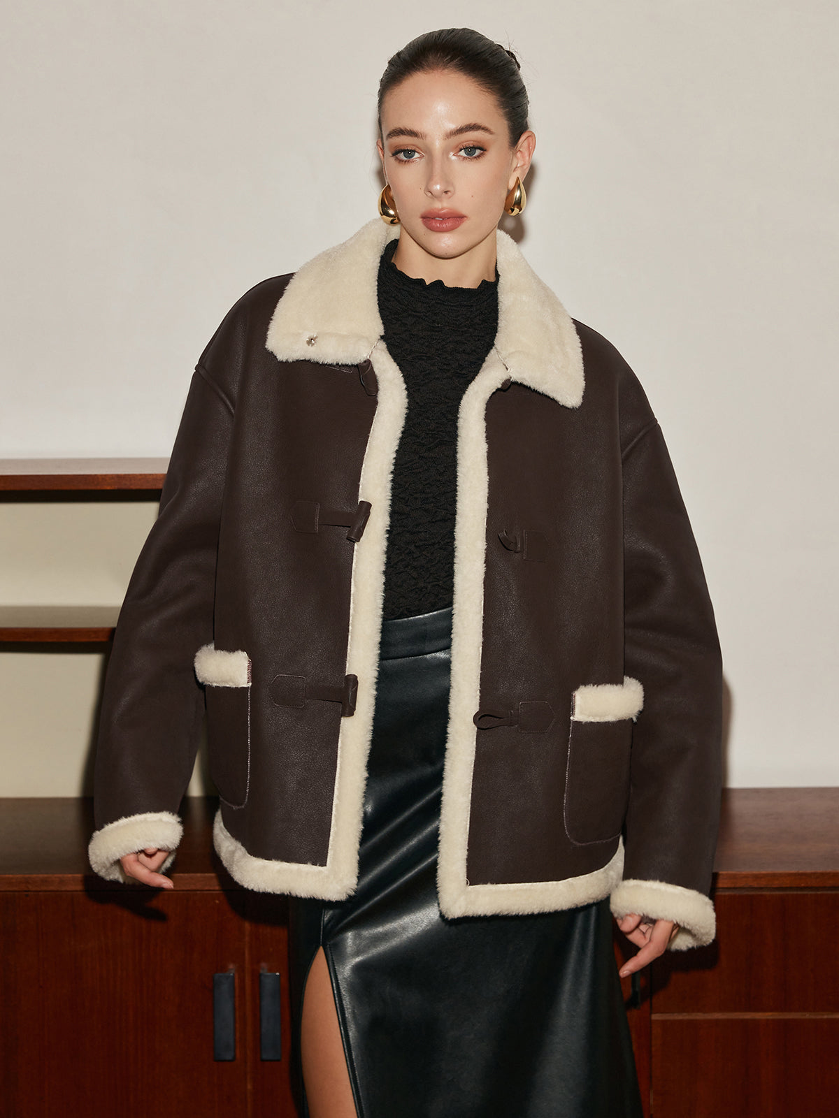 Fleece Lined Faux Leather Lapel Coat-Massicos