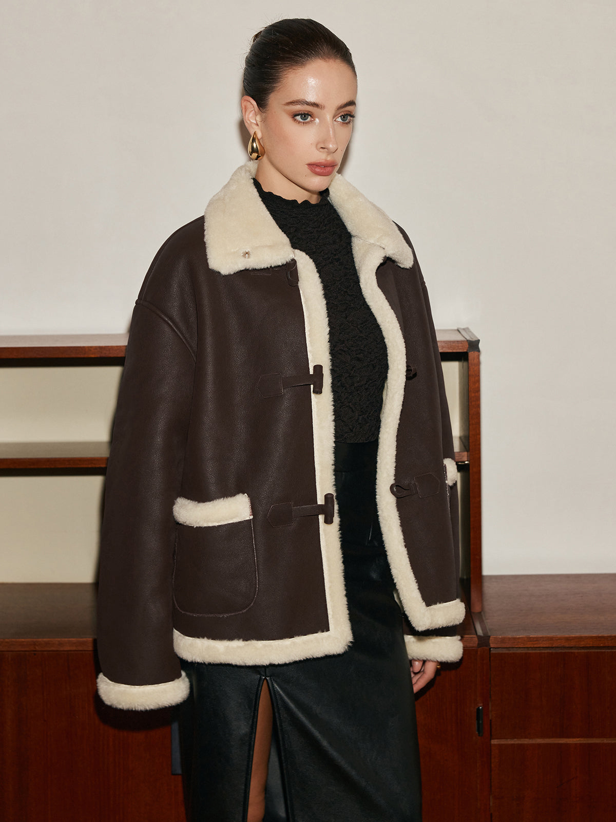 Fleece Lined Faux Leather Lapel Coat-Massicos