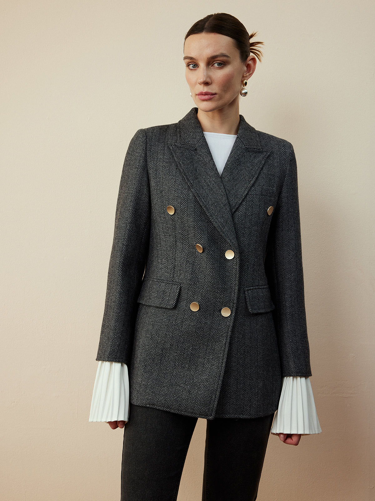Wool-Blend Chevron Tweed Fit Blazer-Massicos