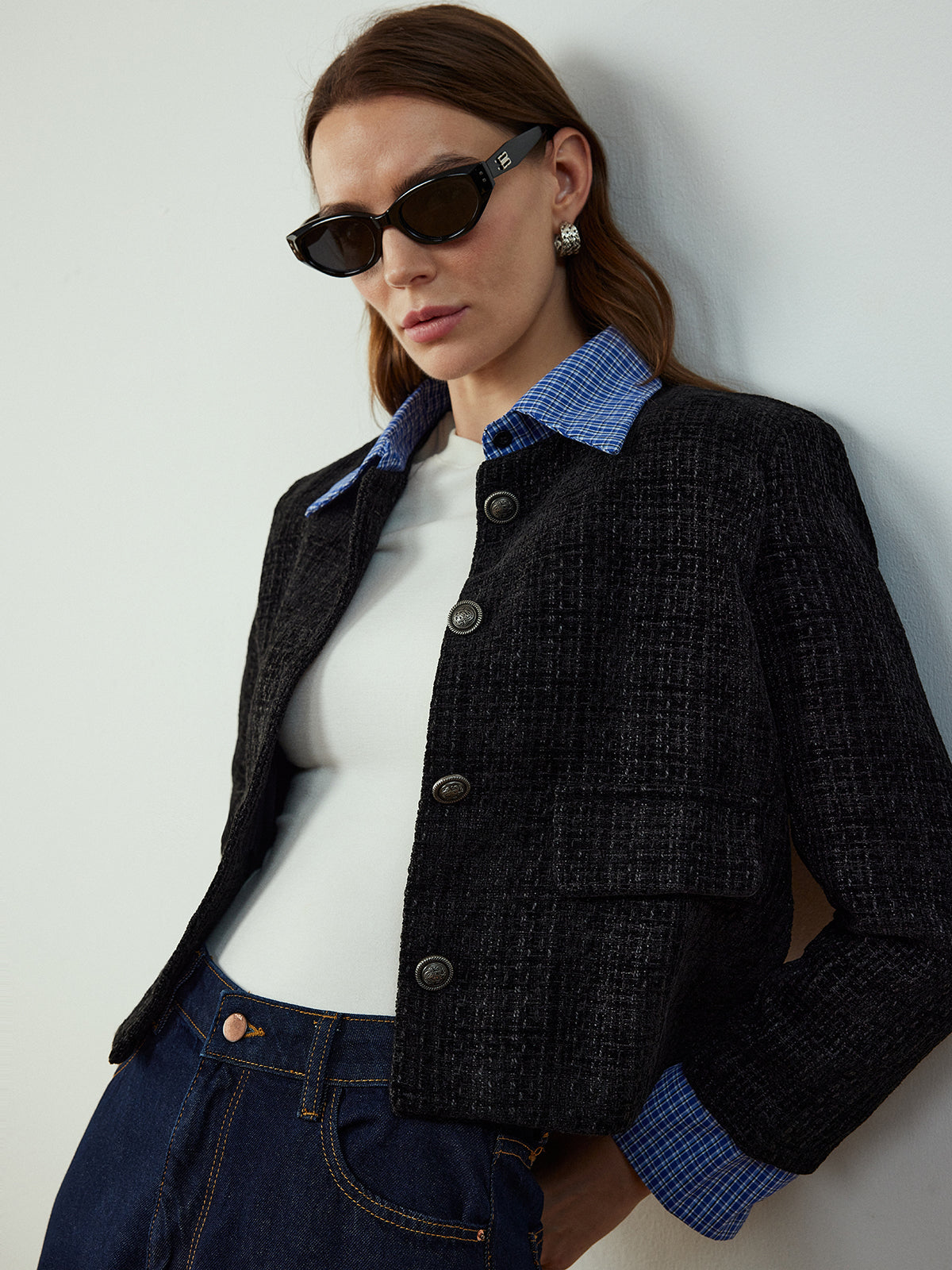 Plaid-Collar Short Jacket-Massicos