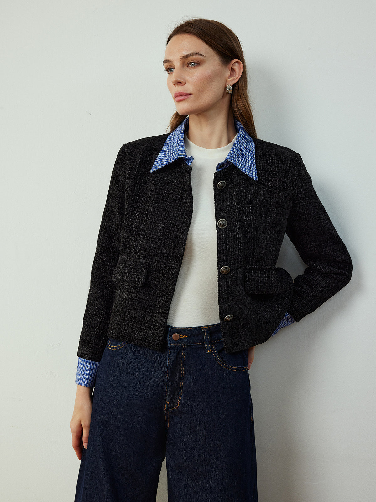 Plaid-Collar Short Jacket-Massicos