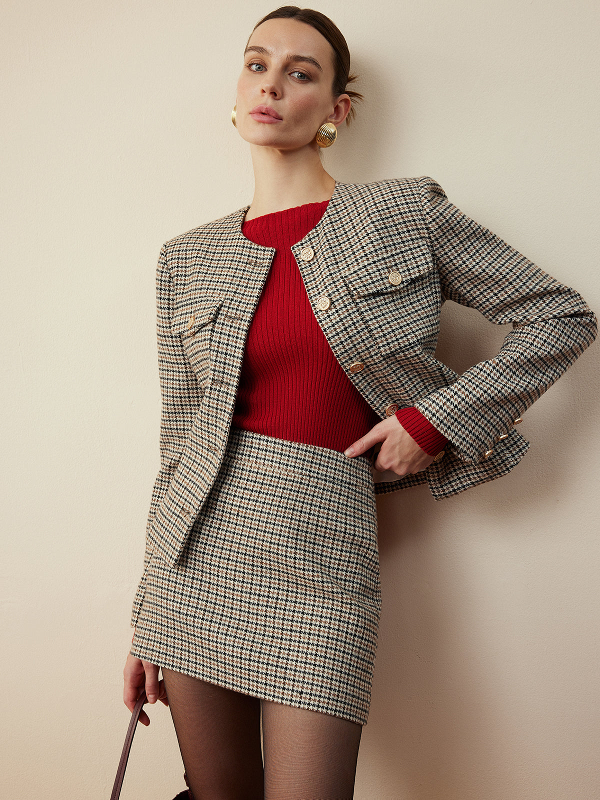 Houndstooth Button Short Jacket-Massicos