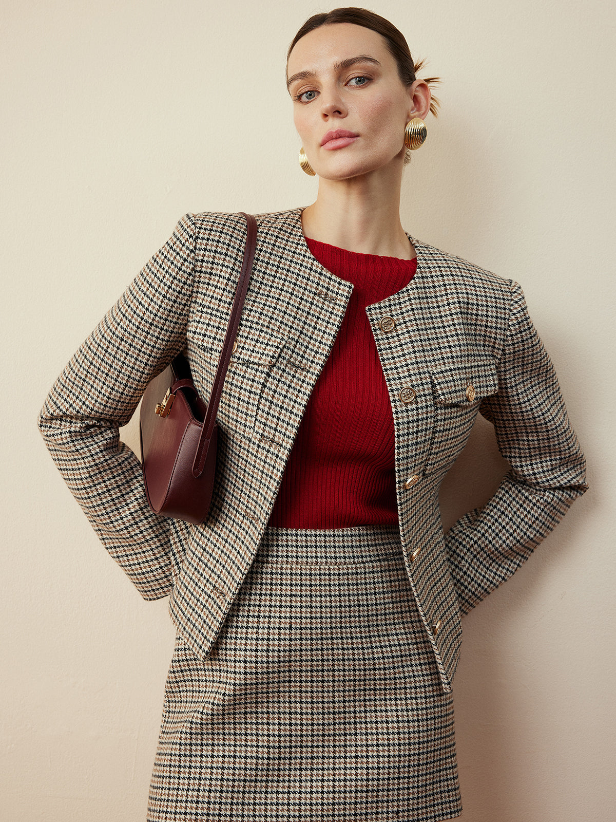 Houndstooth Button Short Jacket-Massicos