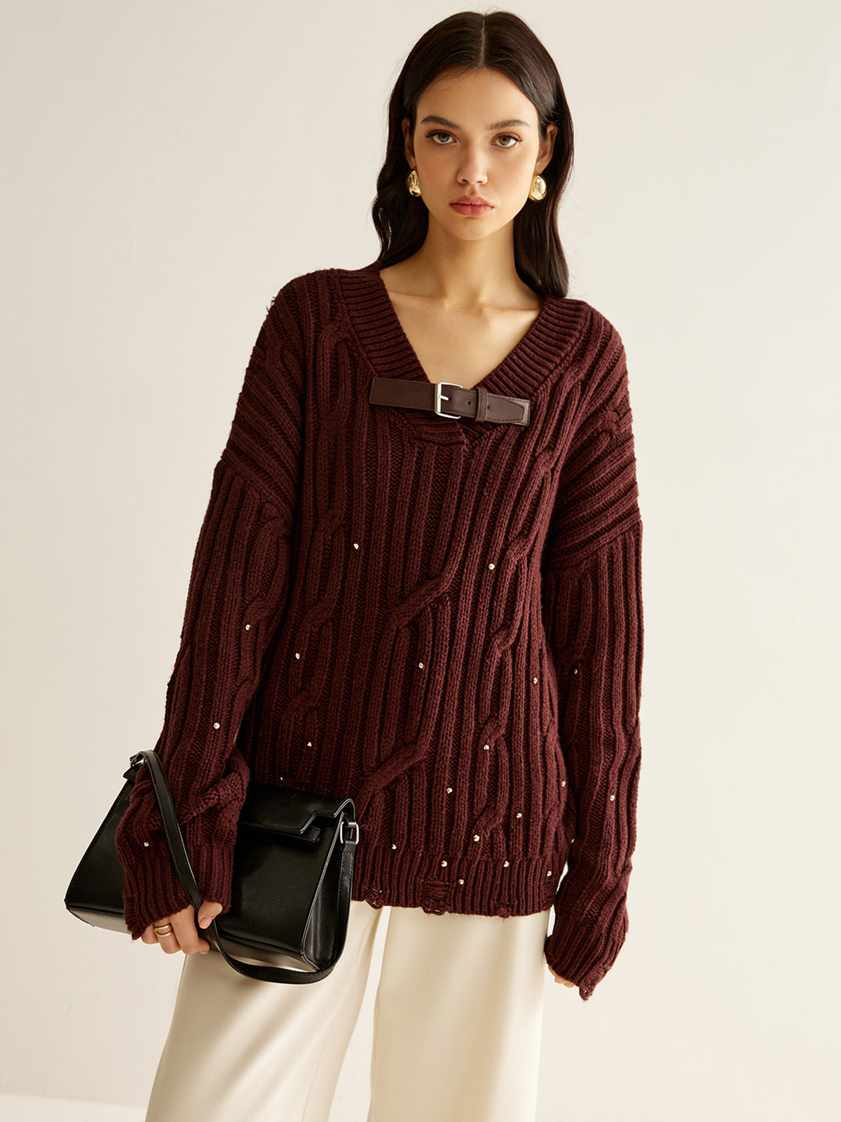 Buckle Belted Beaded Knit Top-Massicos