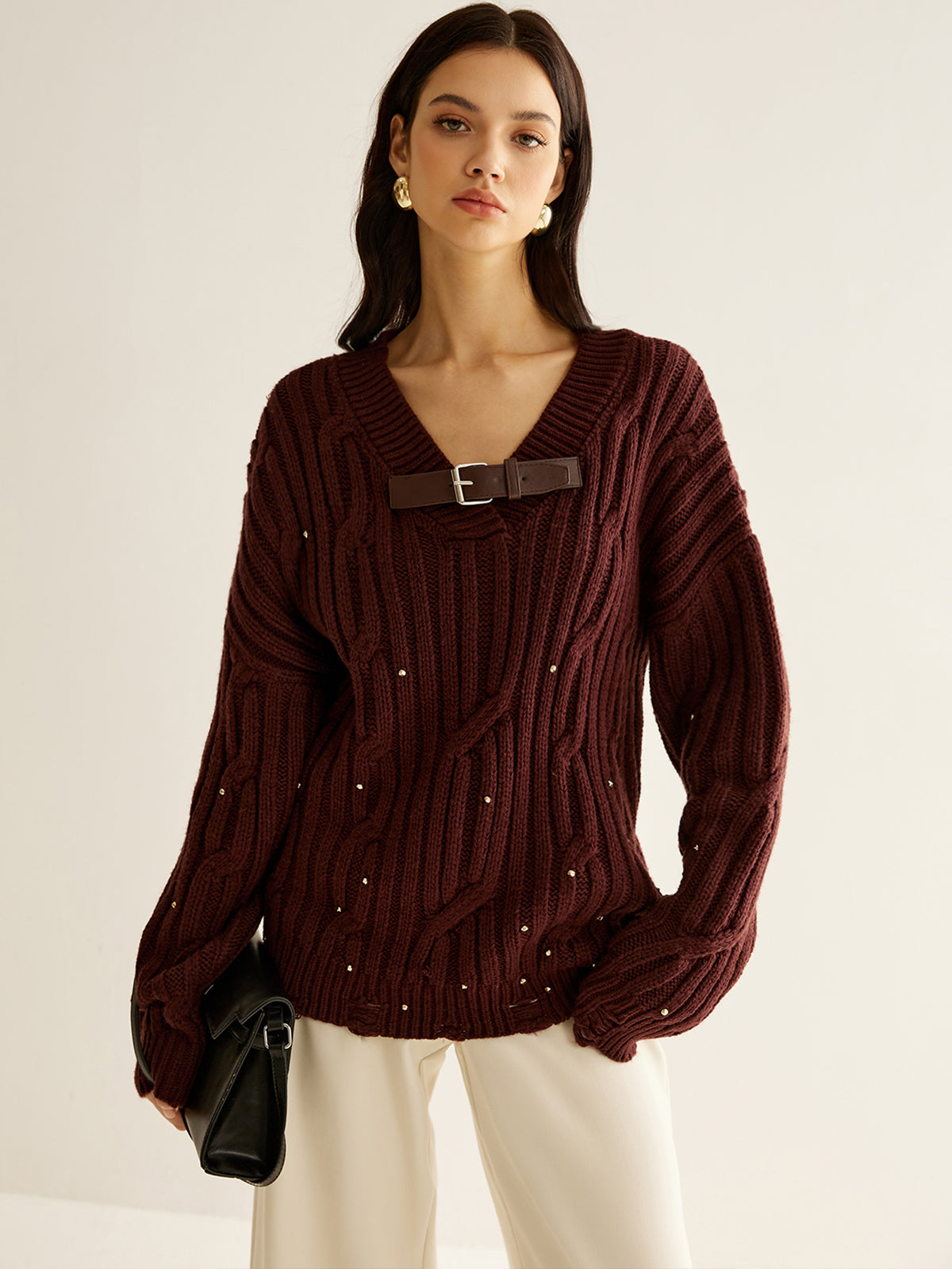 Buckle Belted Beaded Knit Top-Massicos