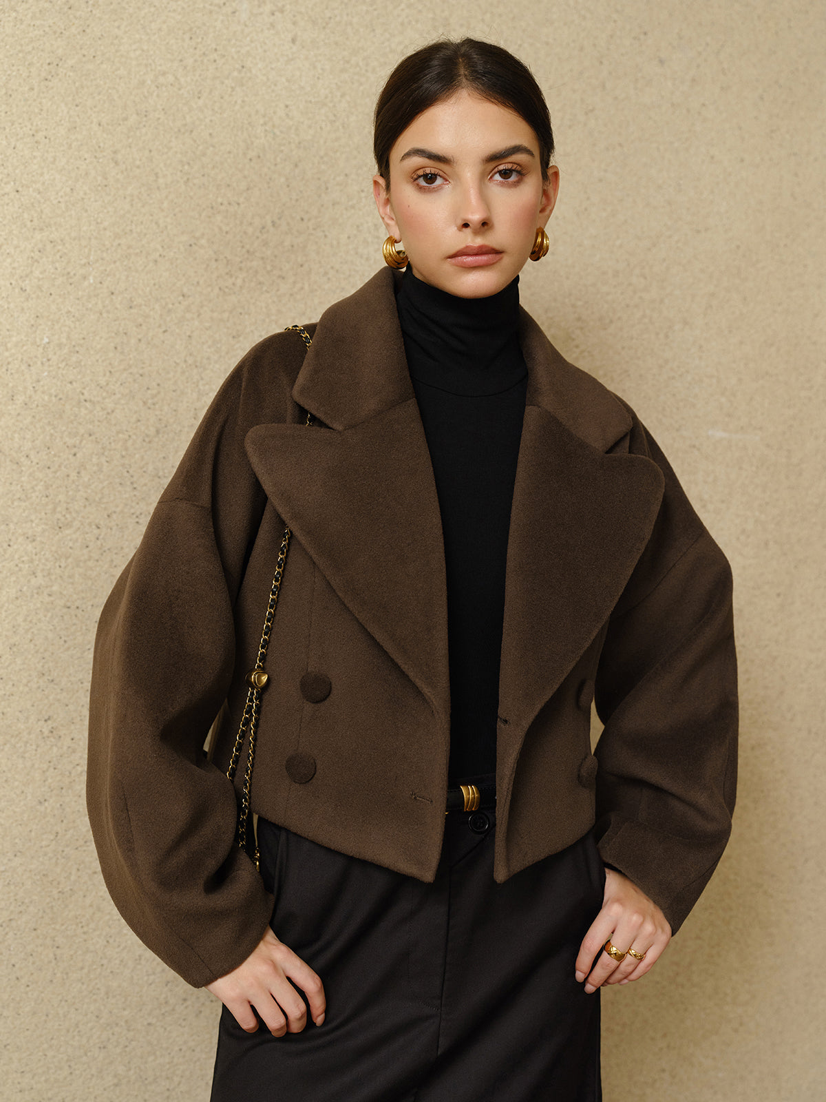 Button Tweed Lapel Short Coat-Massicos