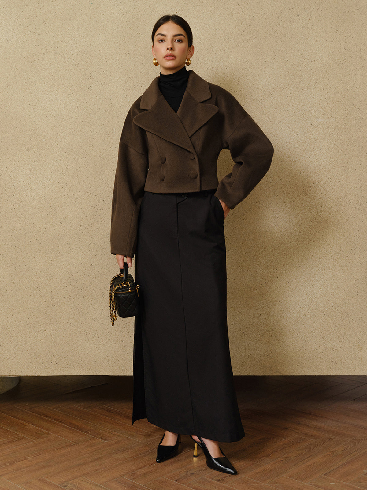 Button Tweed Lapel Short Coat-Massicos
