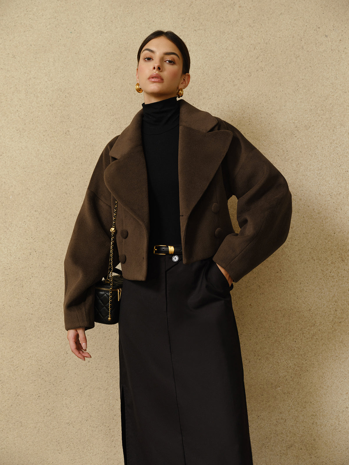 Button Tweed Lapel Short Coat-Massicos