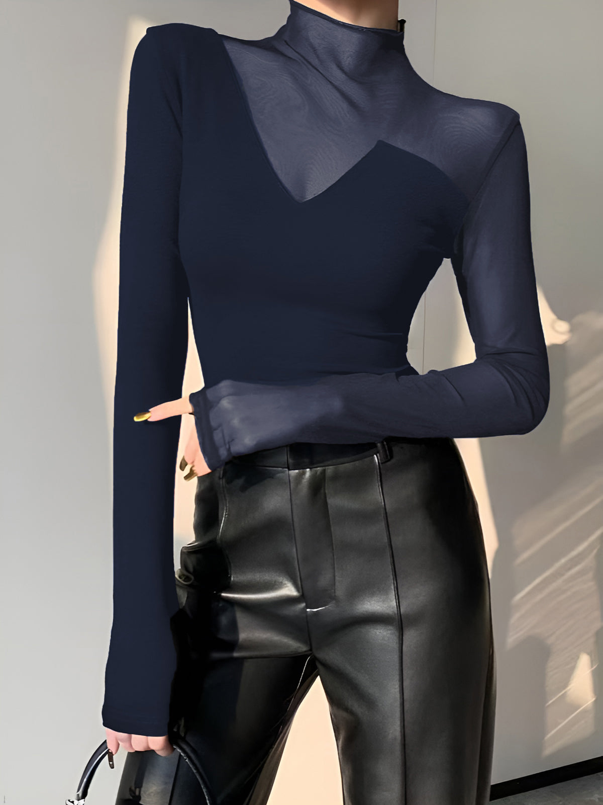 Asymmetrical Sheer Mesh Panel T-Shirt-Massicos