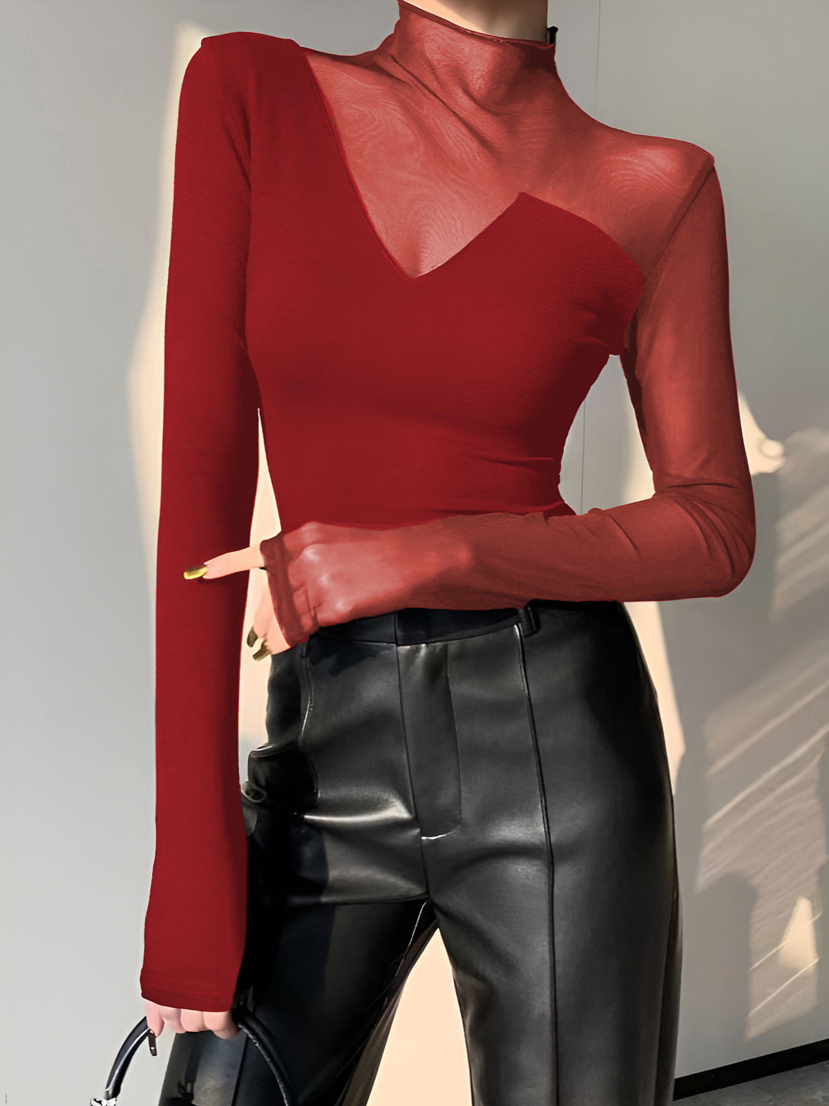 Asymmetrical Sheer Mesh Panel T-Shirt-Massicos