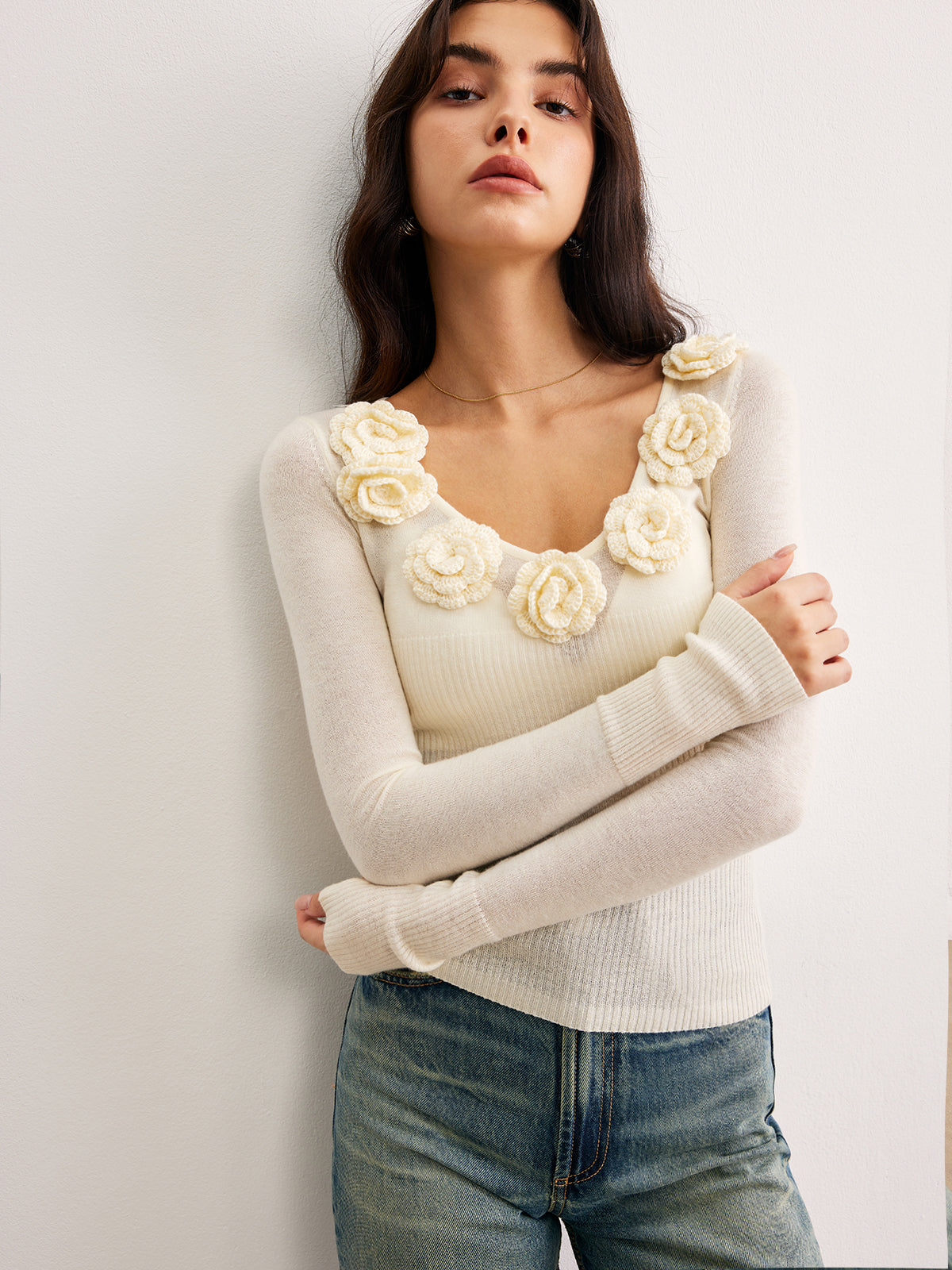 3D Flower Semi-Sheer Knit Top-Massicos