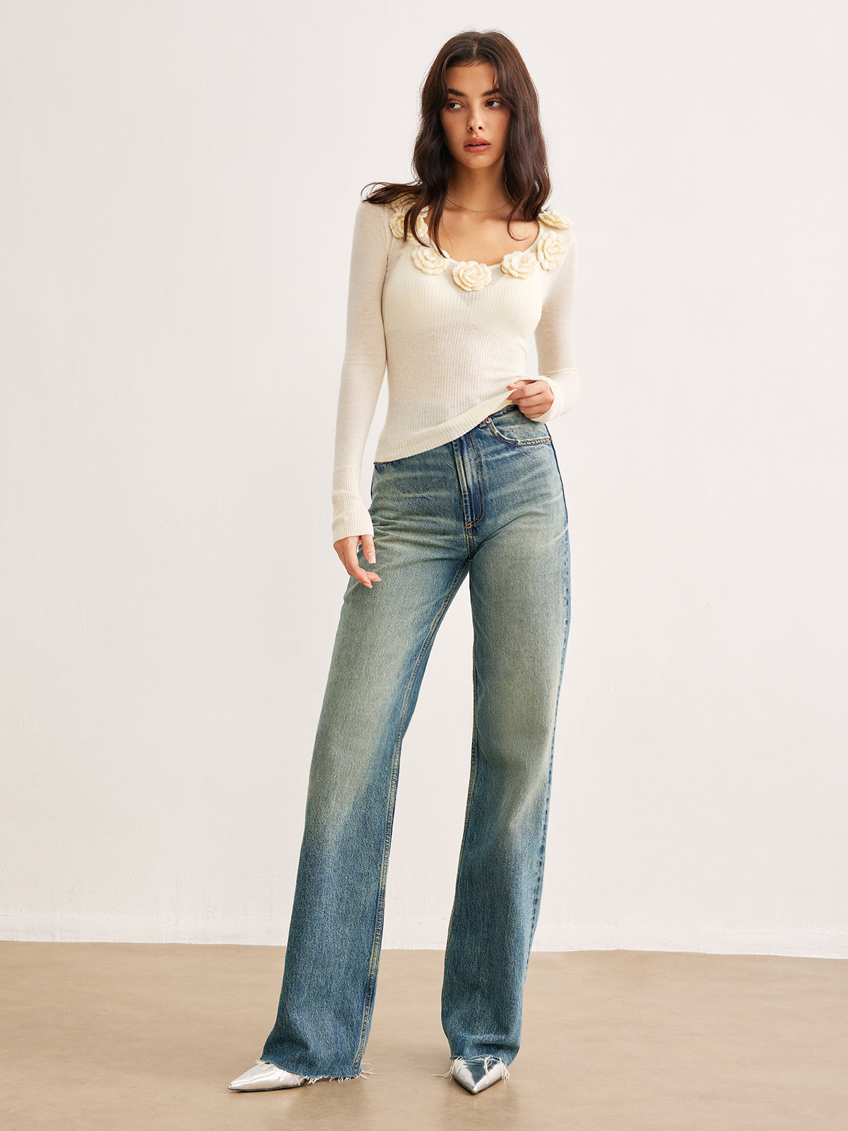 3D Flower Semi-Sheer Knit Top-Massicos