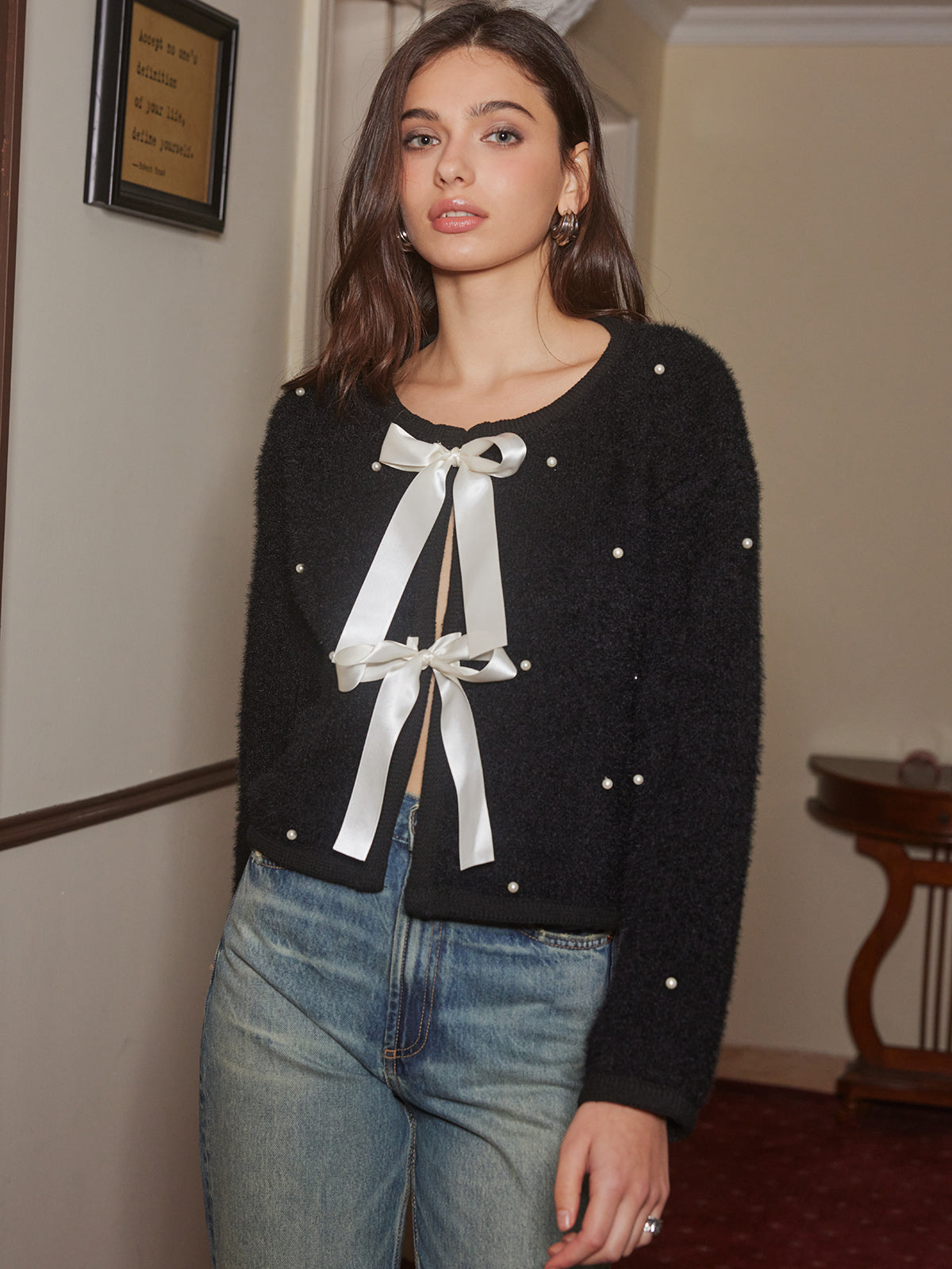 Beaded Decor Bow Knit Top-Massicos