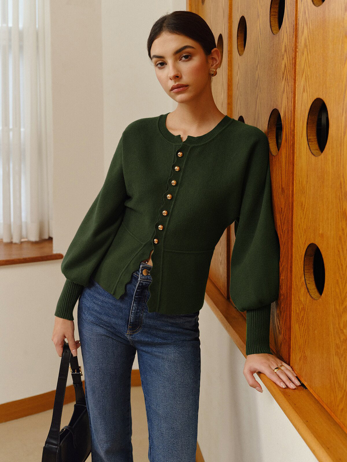 Leg-Of Mutton Sleeve Wave Trim Knit Top-Massicos