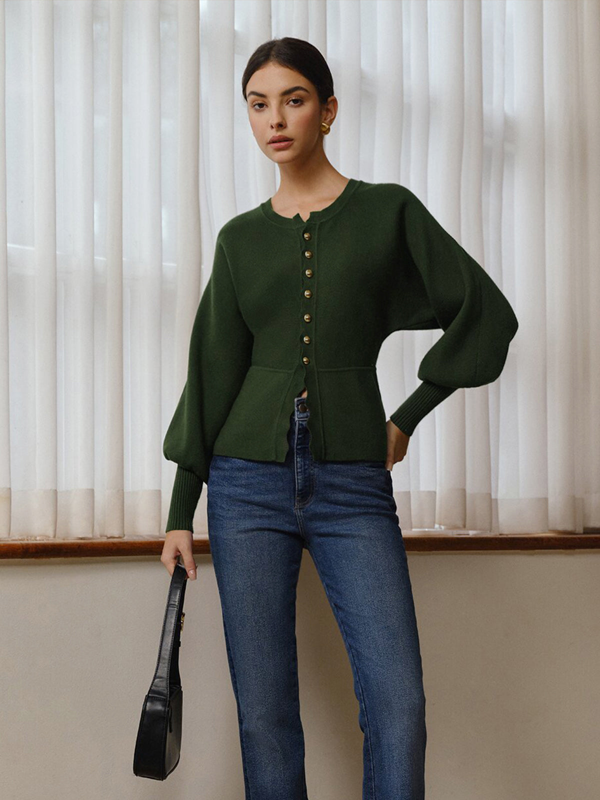 Leg-Of Mutton Sleeve Wave Trim Knit Top-Massicos