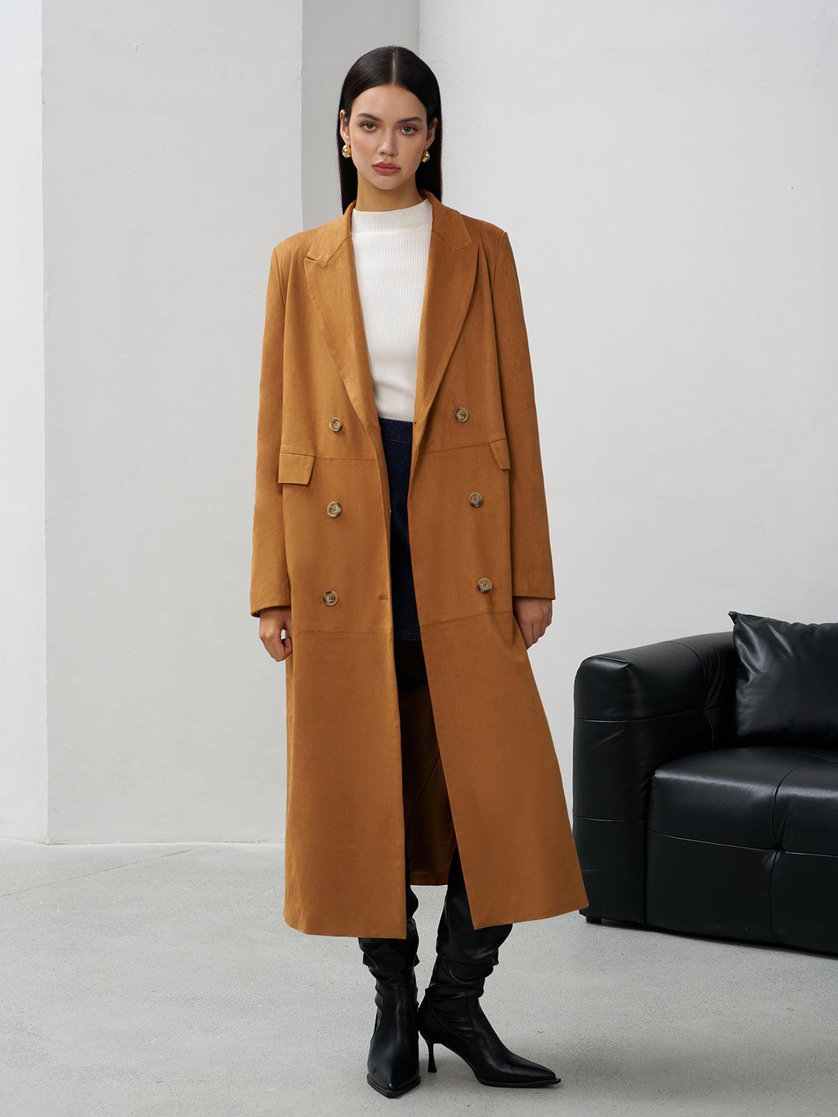 Suede Button Long Blazer-Massicos