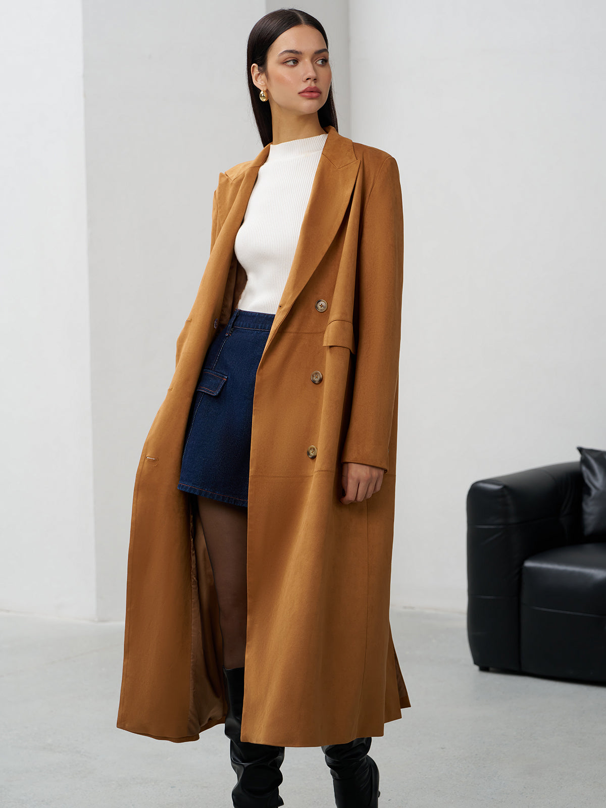 Suede Button Long Blazer-Massicos