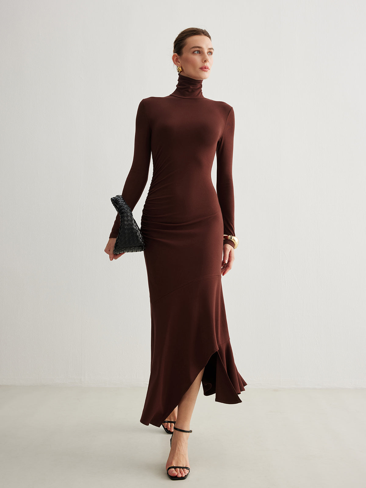 Turtleneck Irregular Pleated Long Dress-Massicos