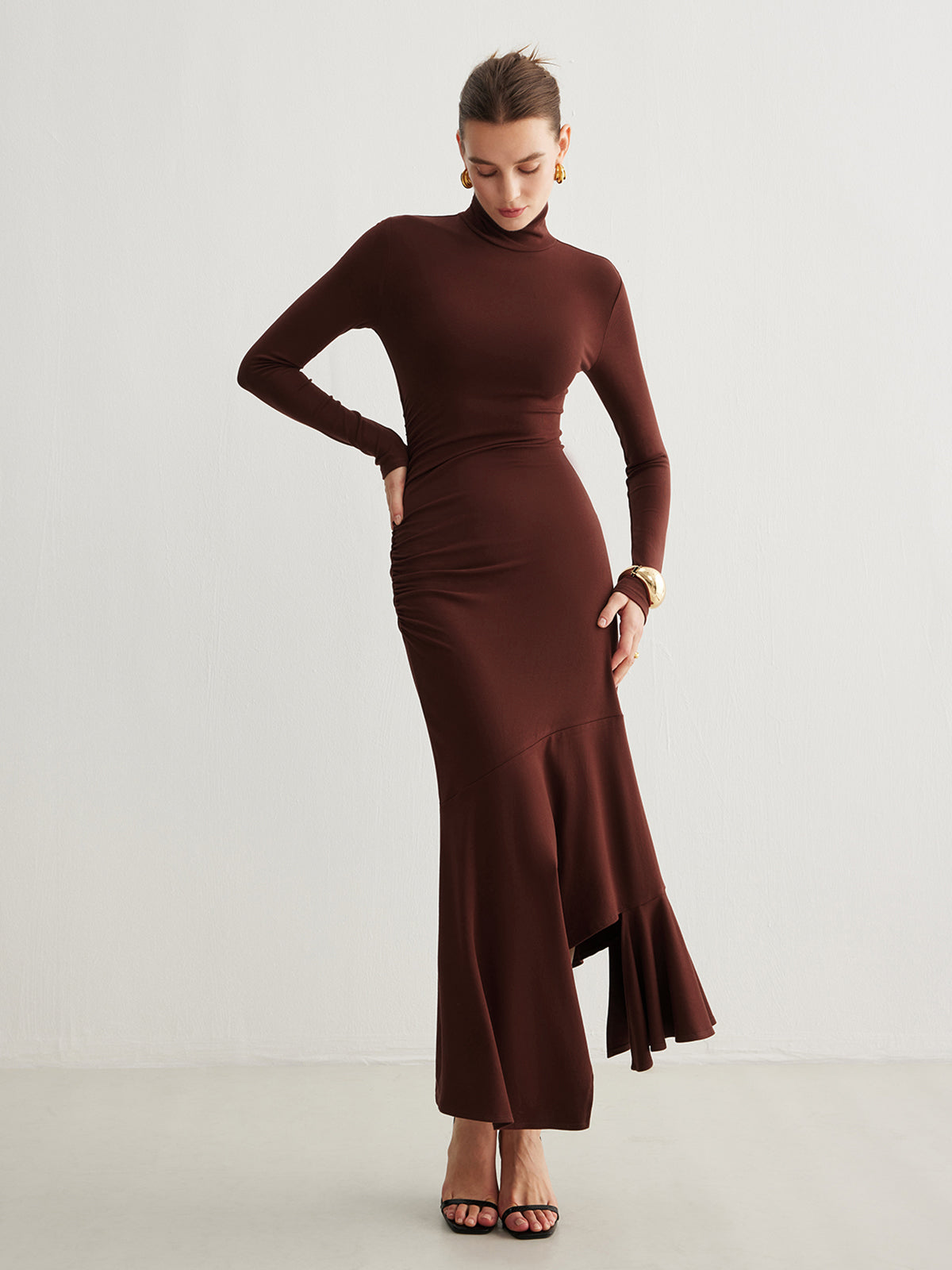 Turtleneck Irregular Pleated Long Dress-Massicos