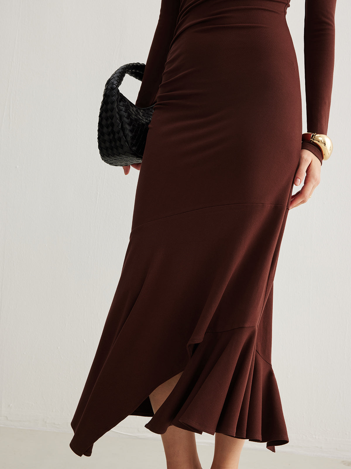 Turtleneck Irregular Pleated Long Dress-Massicos