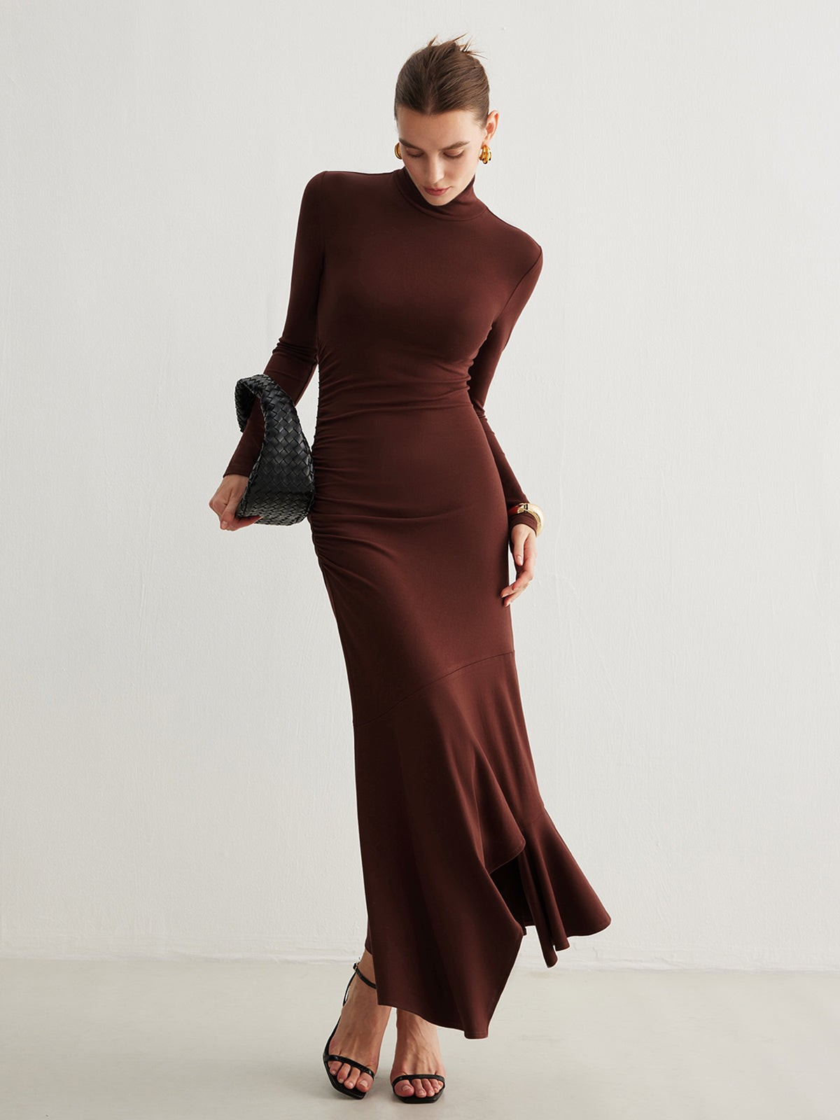 Turtleneck Irregular Pleated Long Dress-Massicos