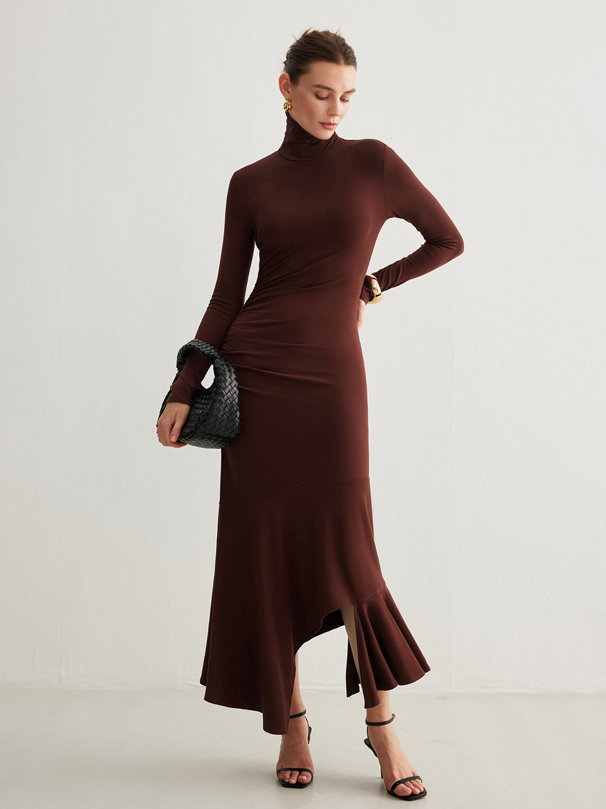 Turtleneck Irregular Pleated Long Dress-Massicos