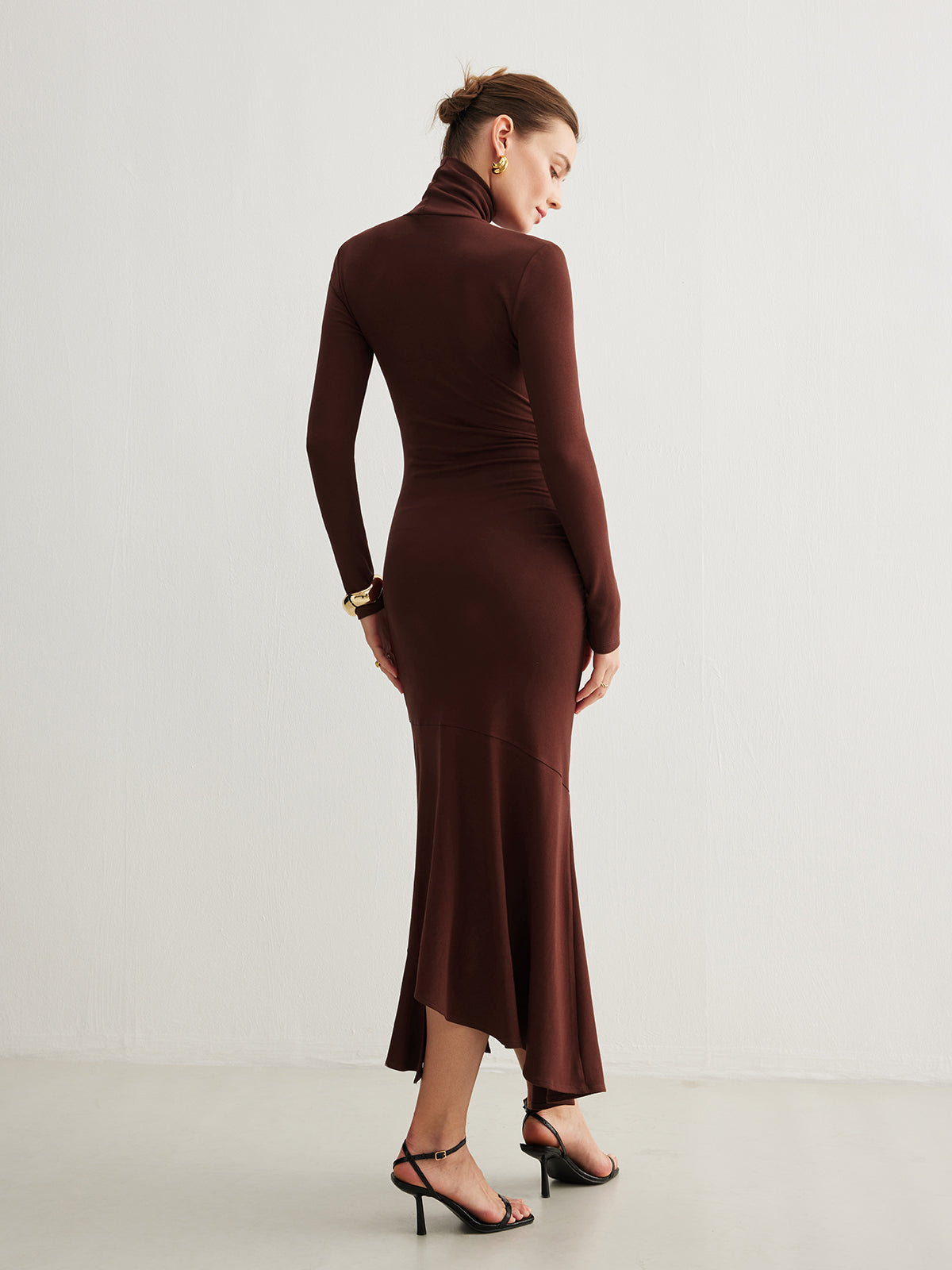 Turtleneck Irregular Pleated Long Dress-Massicos