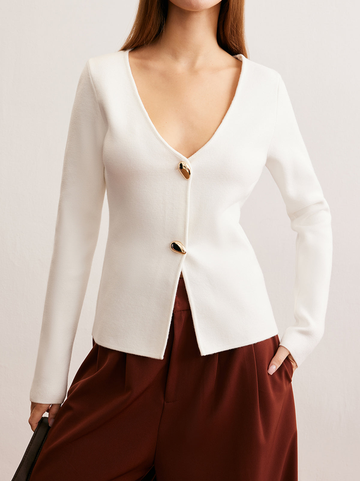 Waterdrop-Button V-Neck Cardigan-Massicos