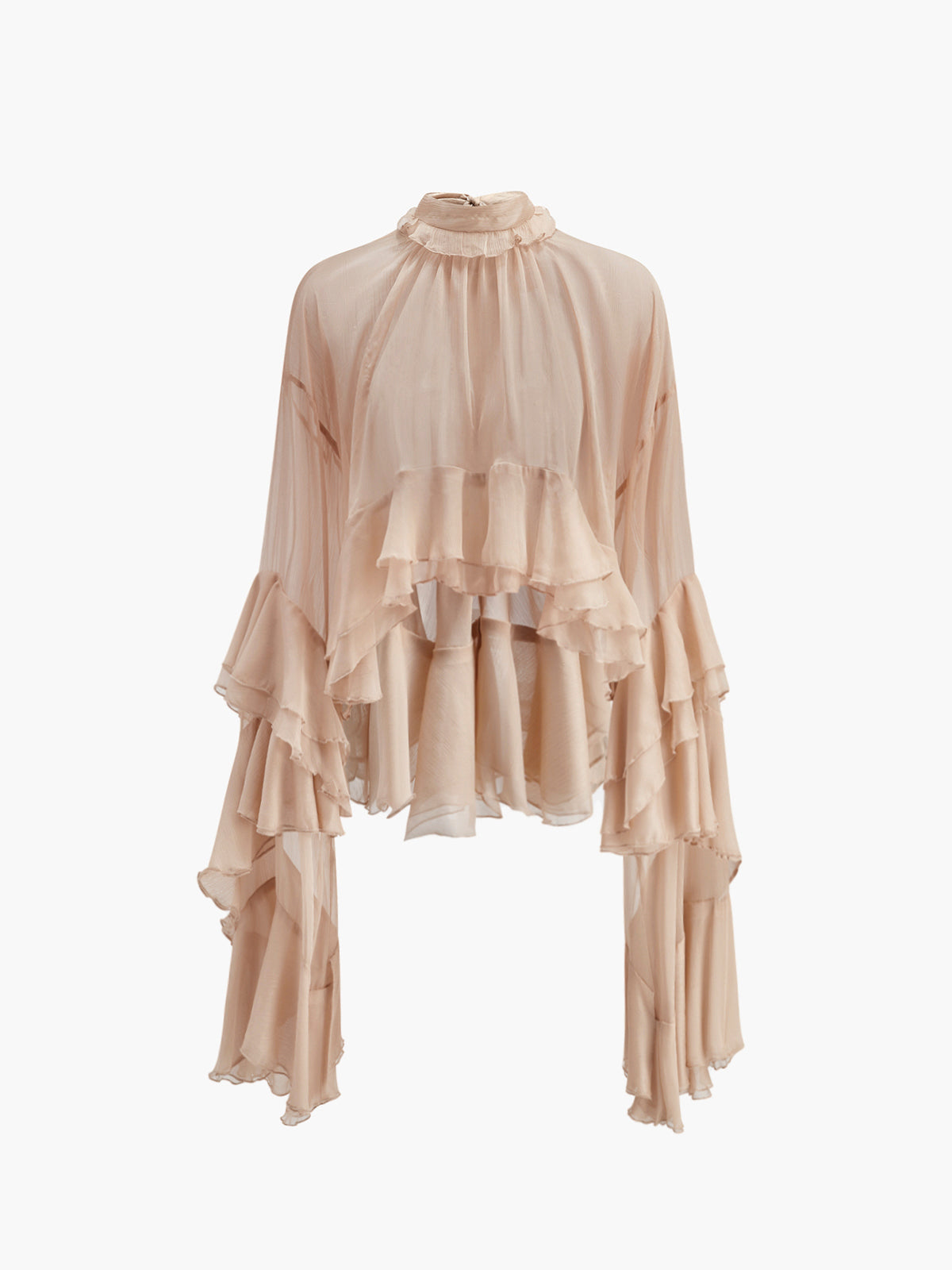 Sheer Turtleneck Ruffle Chiffon Blouse-Massicos