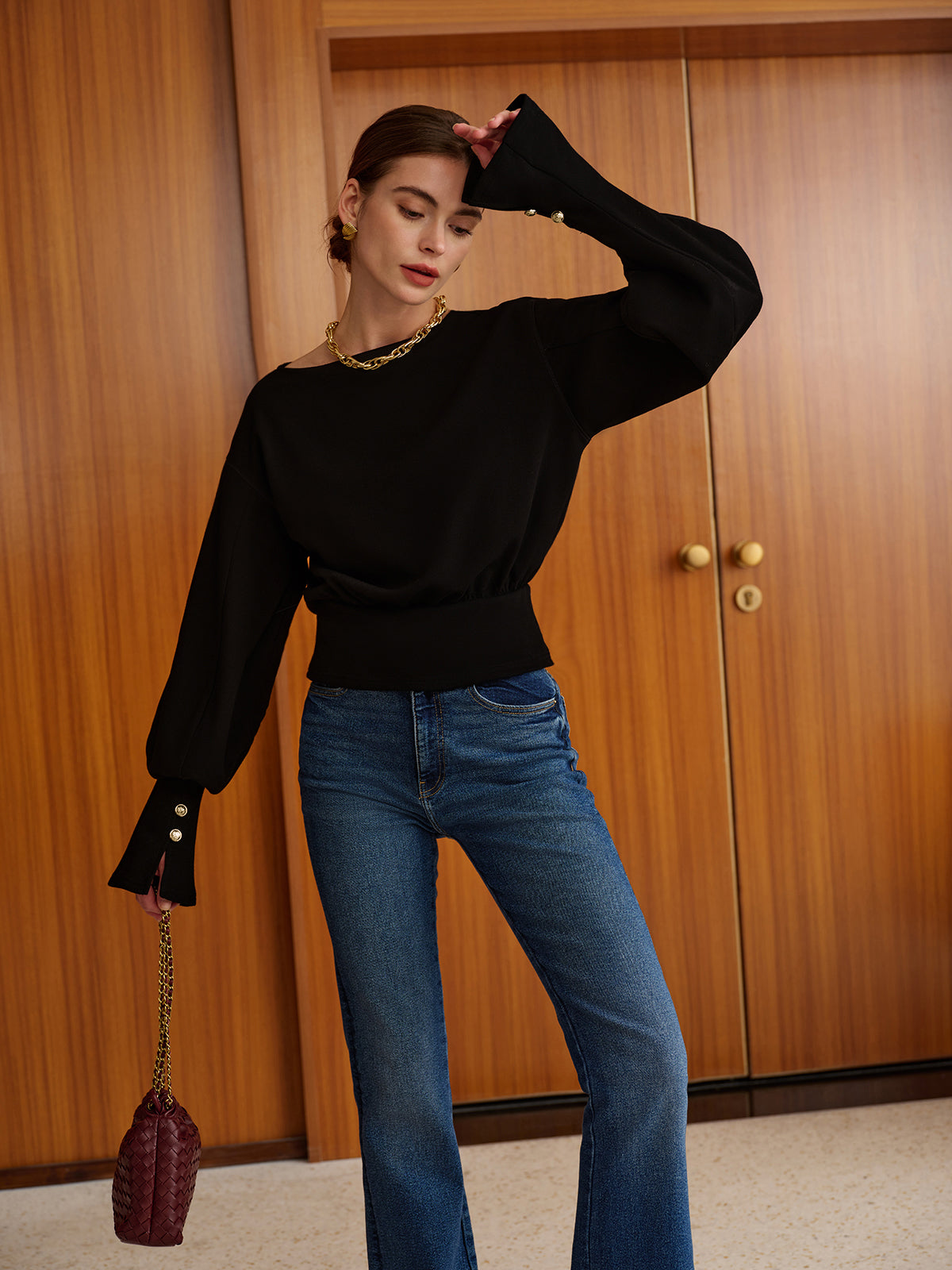 Bell Sleeve Cinched Sweatshirt-Massicos
