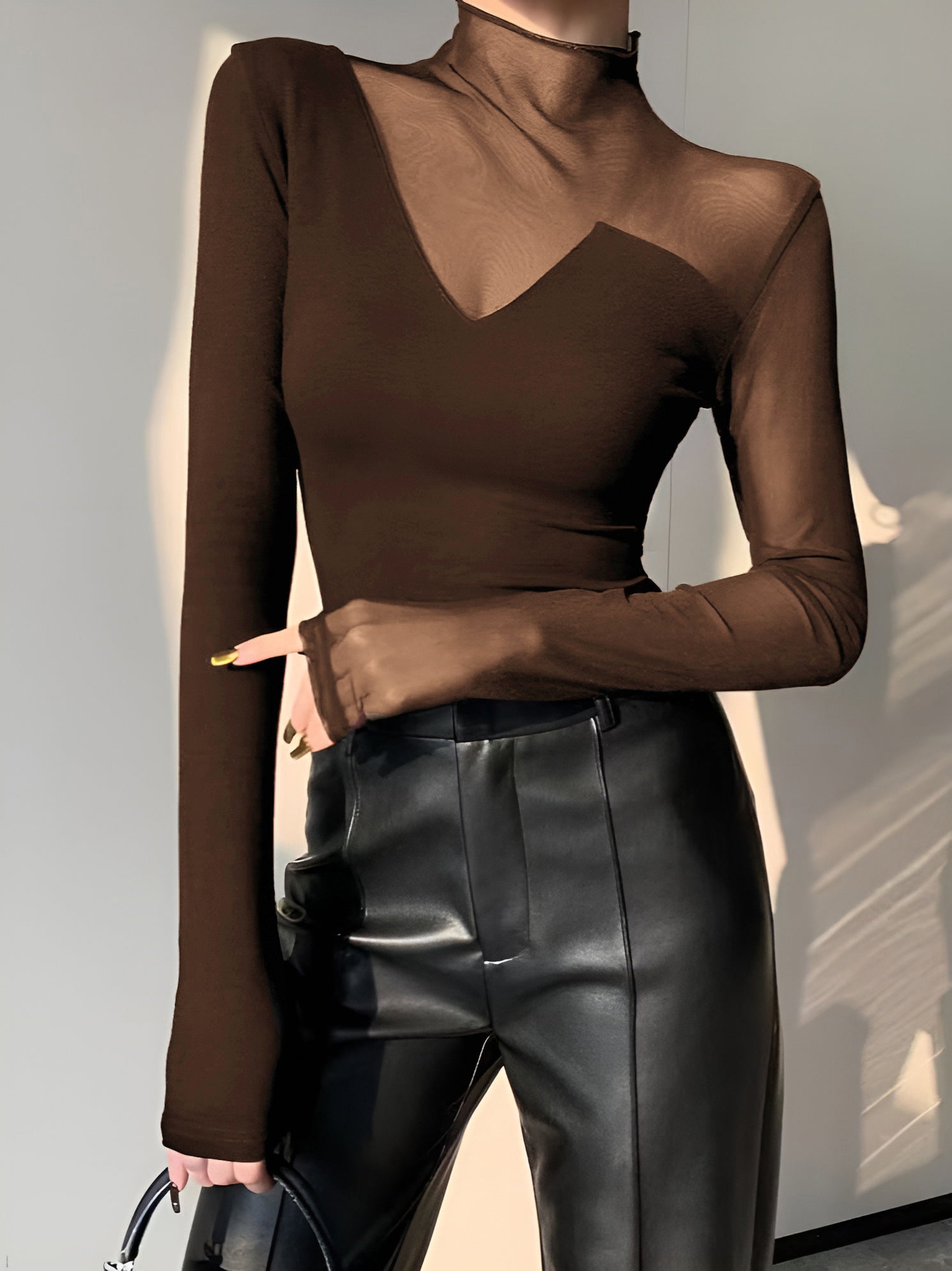 Asymmetrical Sheer Mesh Panel T-Shirt-Massicos