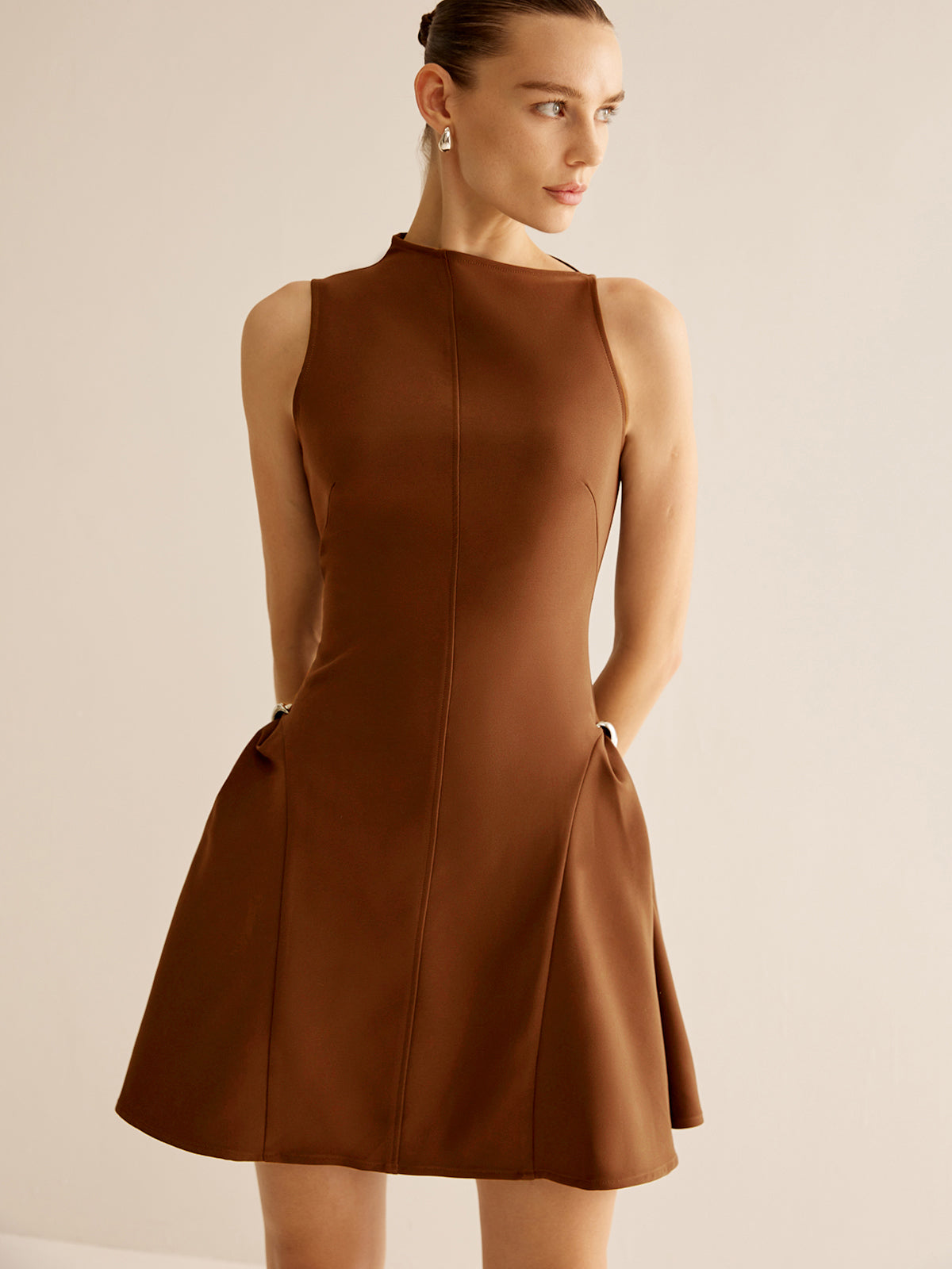 Asymmetrical Collar Panel Ruched Dress-Massicos