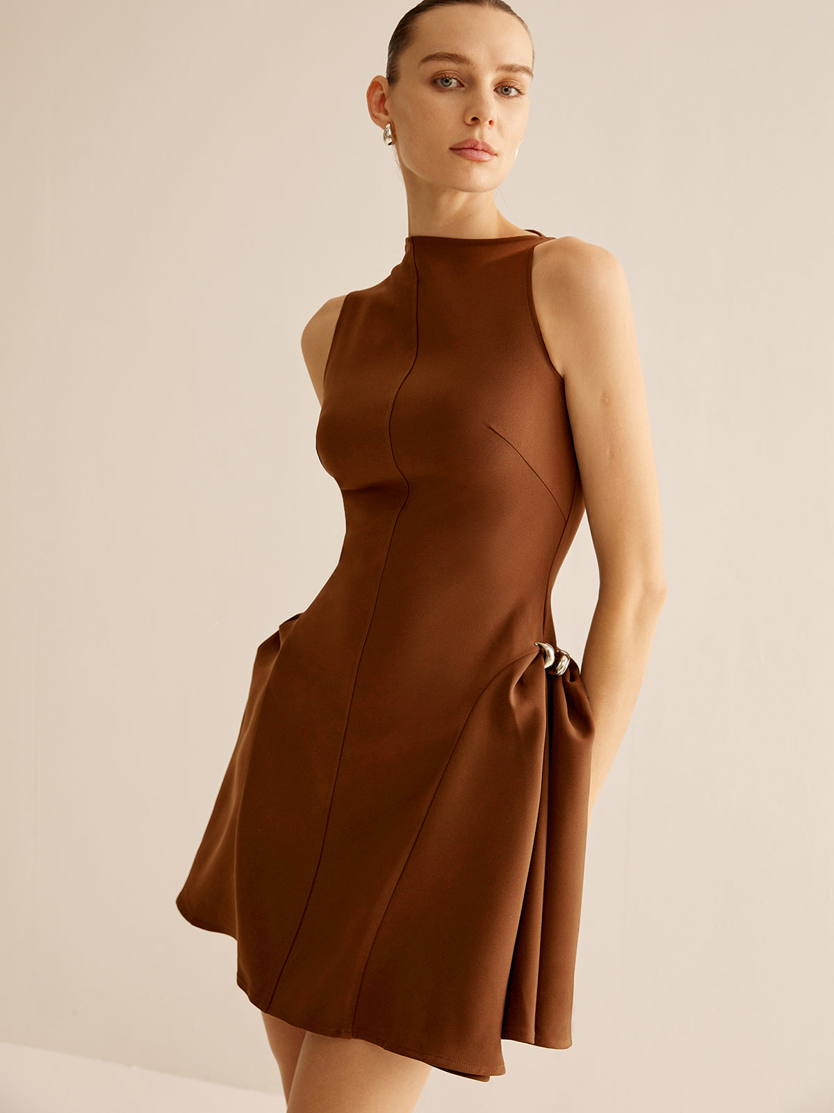 Asymmetrical Collar Panel Ruched Dress-Massicos
