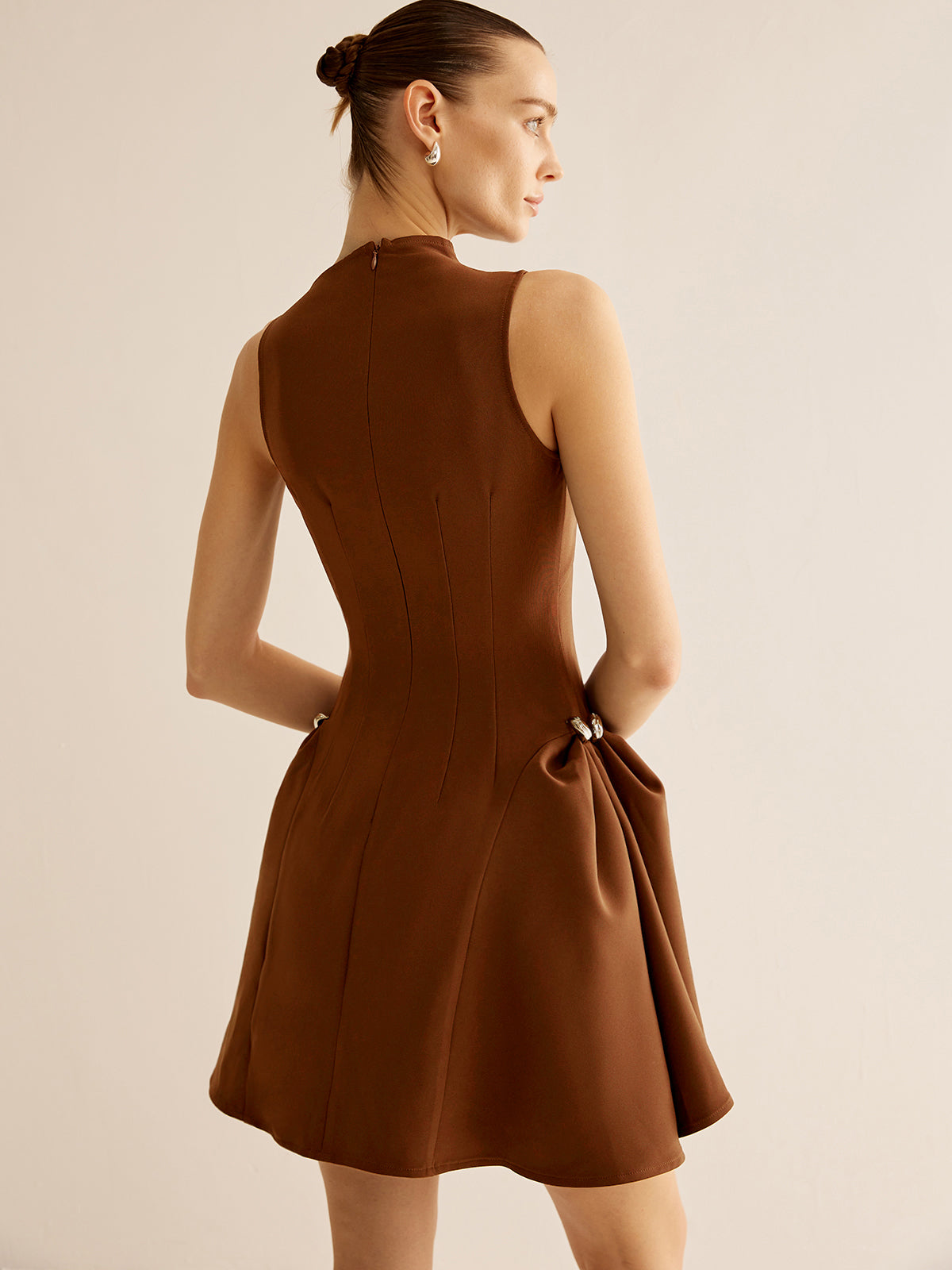 Asymmetrical Collar Panel Ruched Dress-Massicos