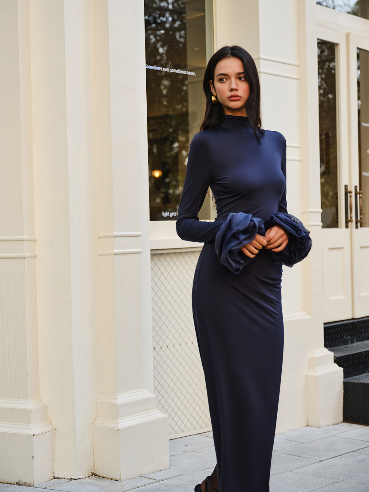 Elegant Ruffle Split Jersey Long Dress-Massicos