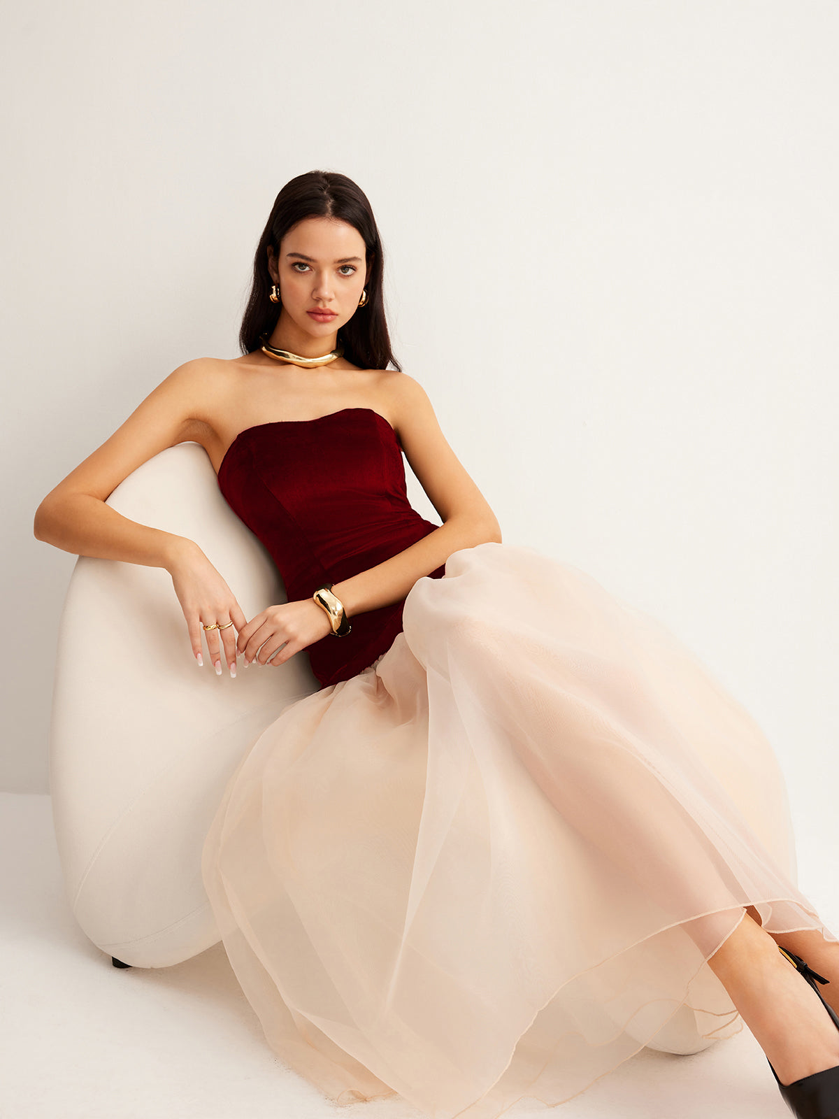 Semi-Sheer Velvet Panel Mesh Tube Dress-Massicos