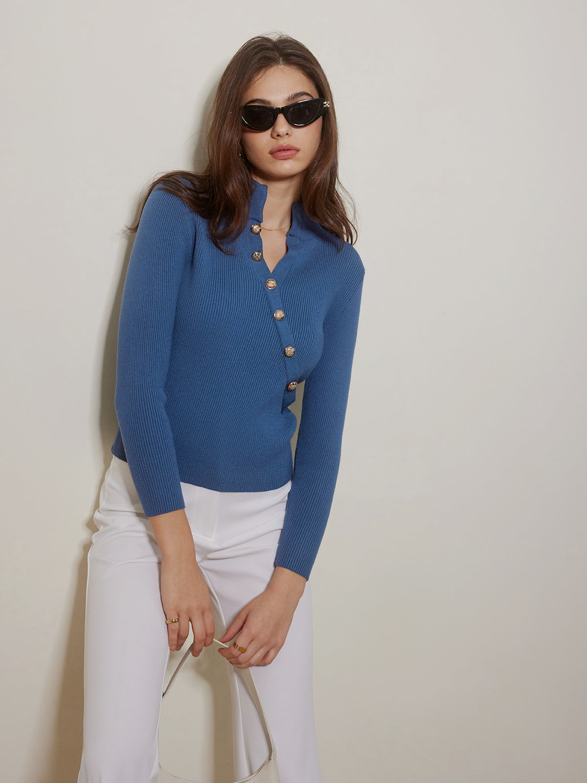 Asymmetrical Breasted Slim Polo Sweater-Massicos