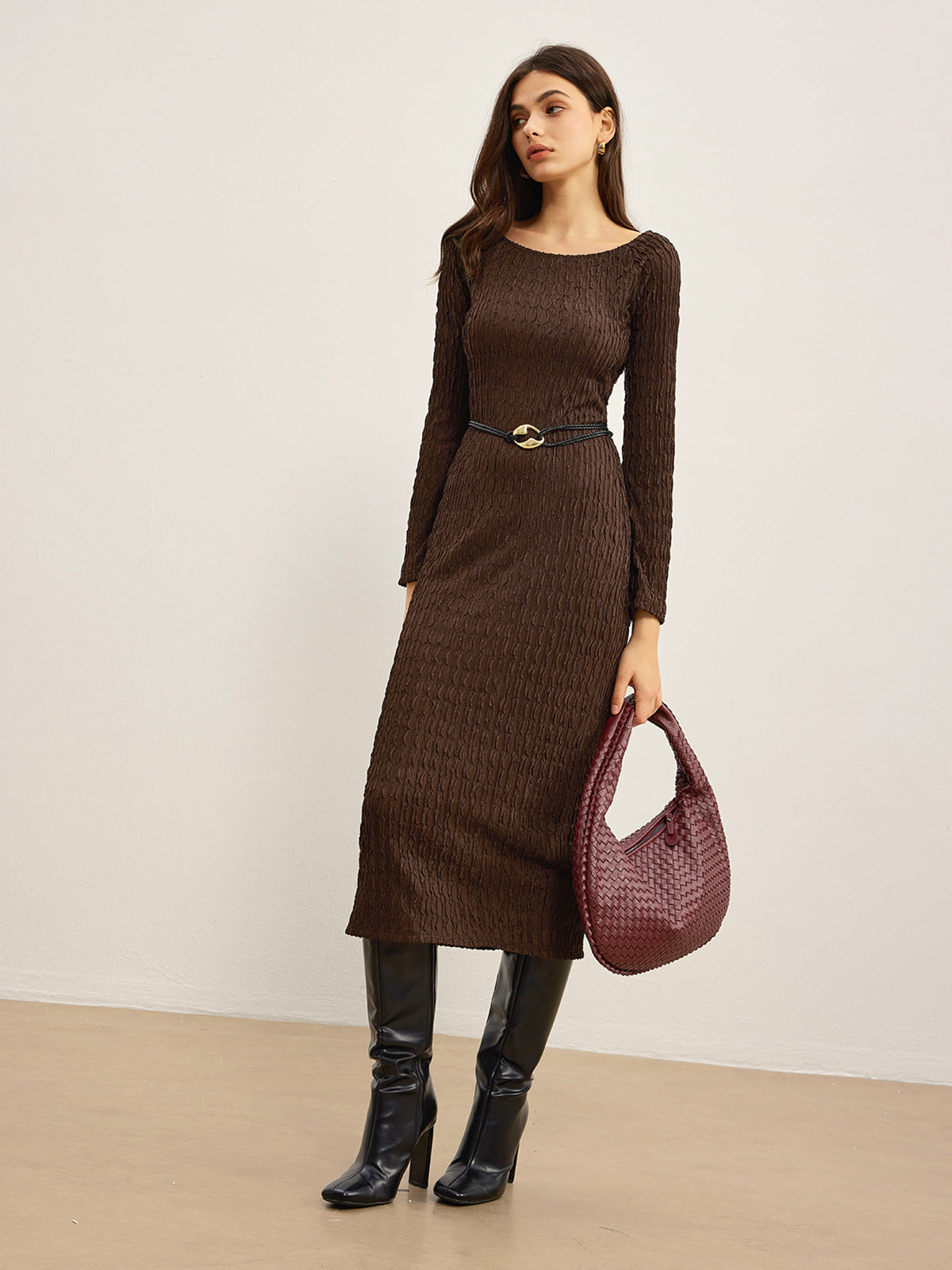 Plain Crinkle Textured Dress Without Belt-Massicos