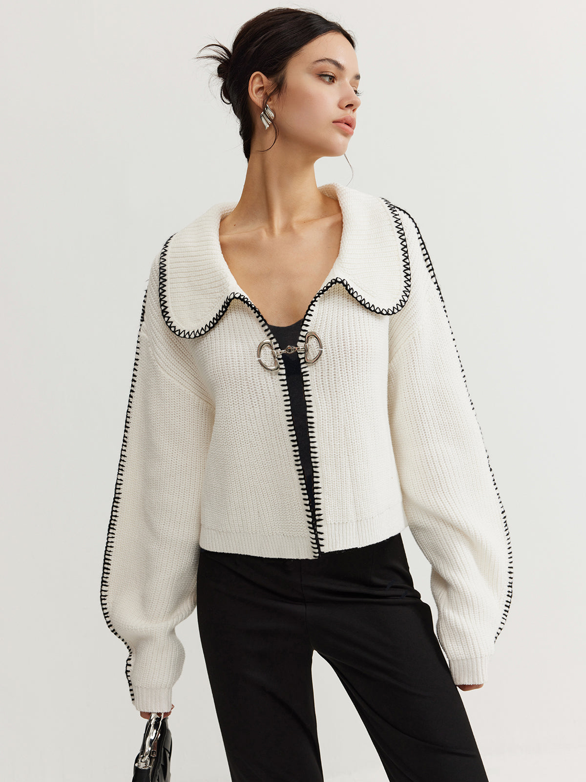 Contrast Trim Magnet Closure Knit Top-Massicos