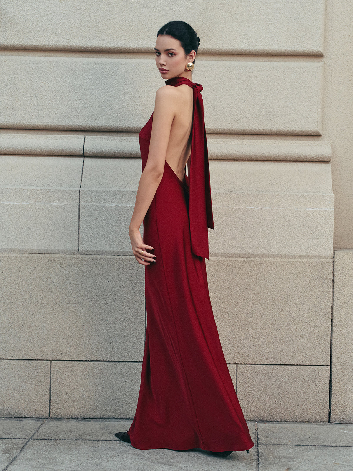 Open Back Satin Halter Dress-Massicos