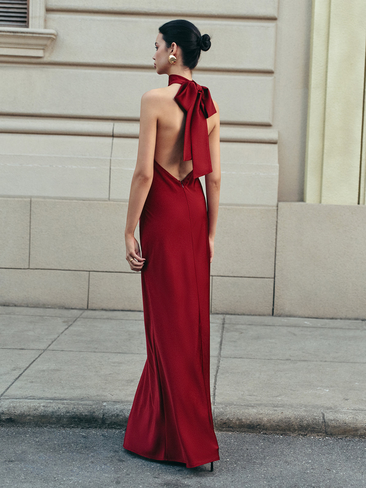 Open Back Satin Halter Dress-Massicos