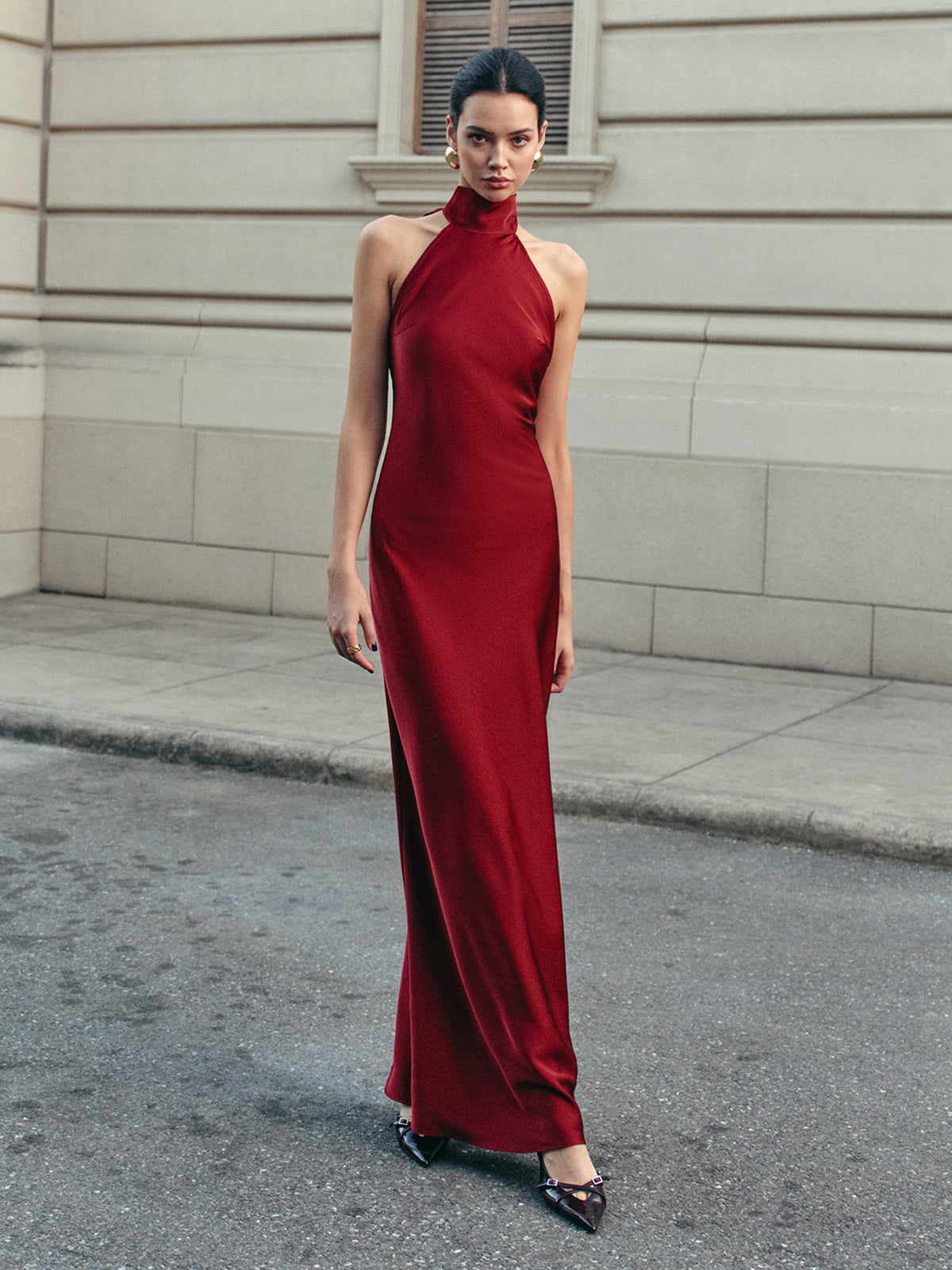 Open Back Satin Halter Dress-Massicos