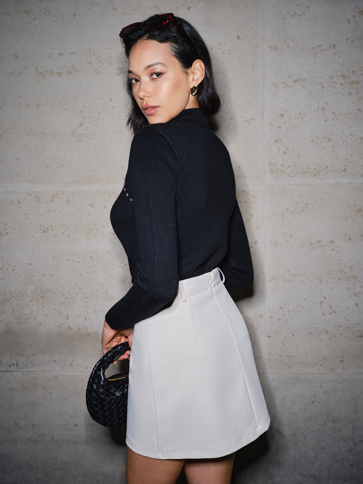 Cutout Beaded Slim Ribbed Sweater-Massicos