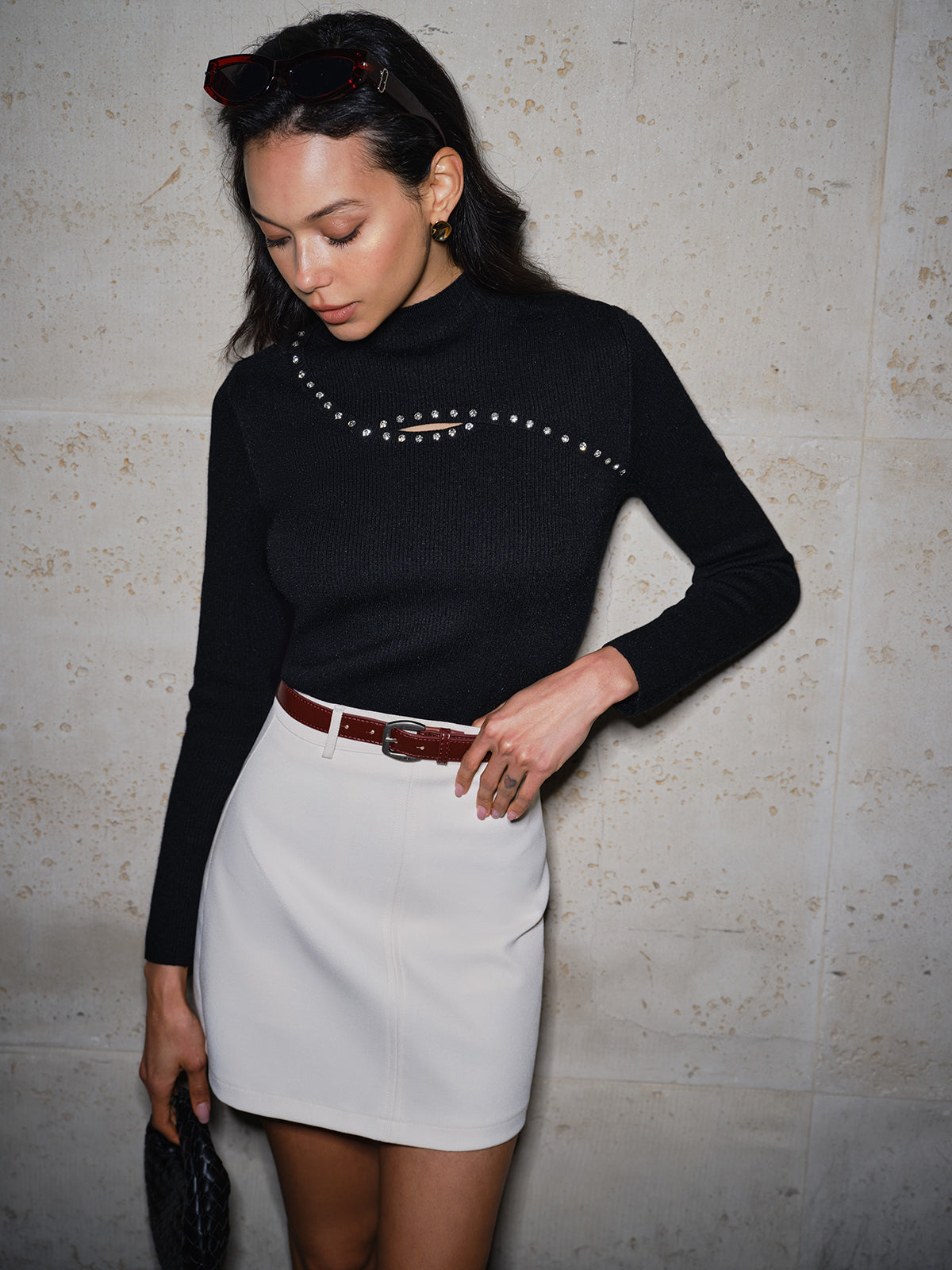 Cutout Beaded Slim Ribbed Sweater-Massicos