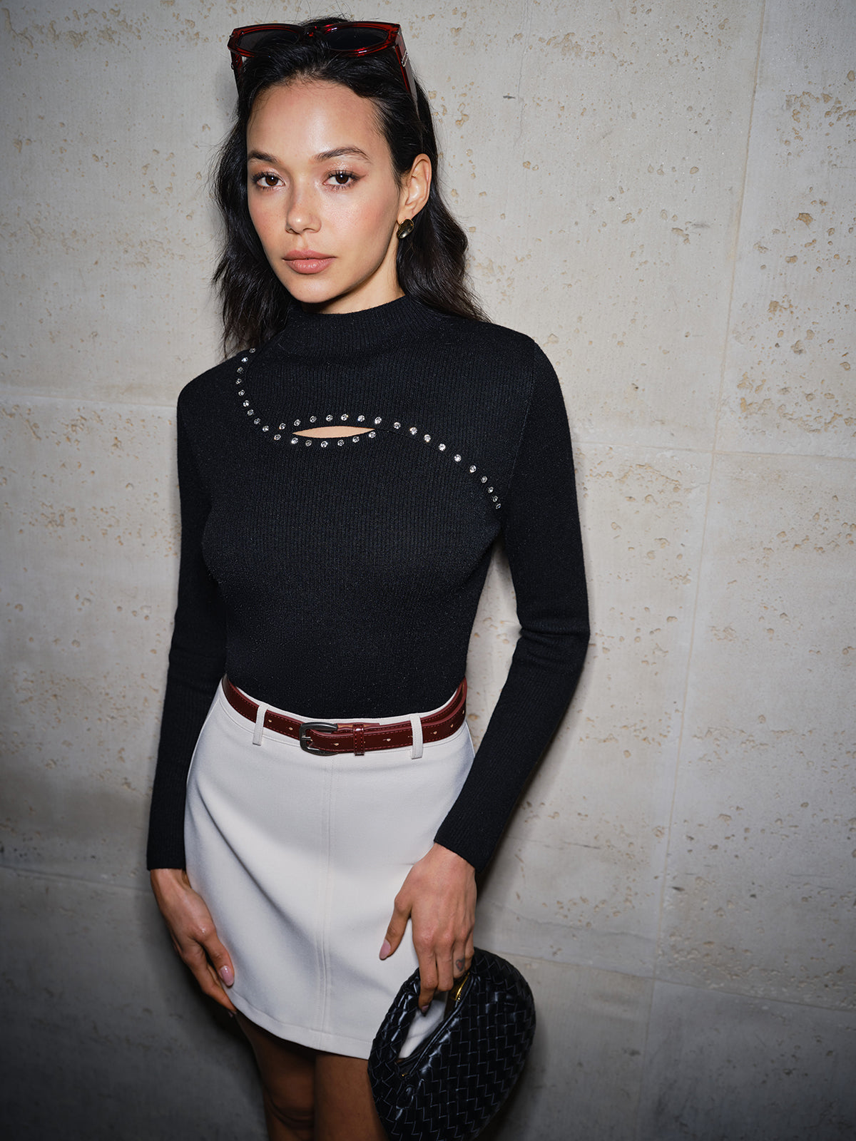 Cutout Beaded Slim Ribbed Sweater-Massicos