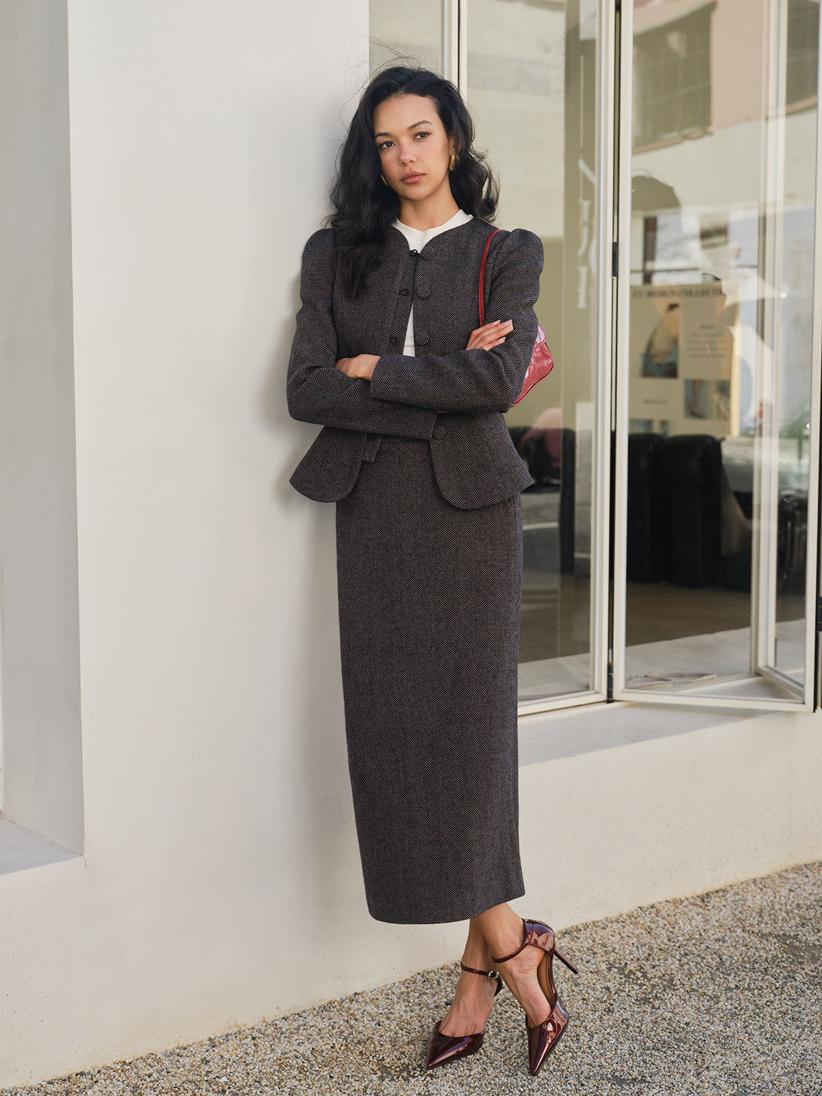 Chevron Button Slim Blazer-Massicos