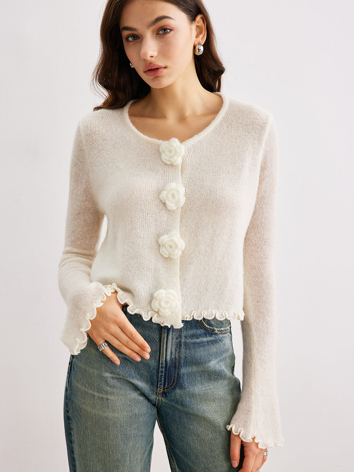 Wool-Blend Lettuce Trim 3D Flower Cardigan-Massicos
